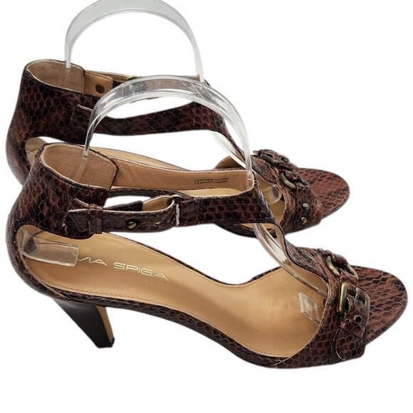 VIA SPIGA Snakeskin T-Strap Heeled Sandals 8 Buckle Strap Neutral Snake Skin - Picture 3 of 9